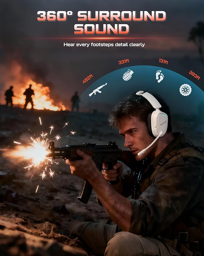 NUBWO Gaming Headset Wireless for PS5 PC PS4 - Dual 2.4G &amp Bluetooth Simultaneous Headphones EQ Sound Modes Noise-Canceling Mic 50-Hour Battery Comfortable Foldable Design 270g Lightweight