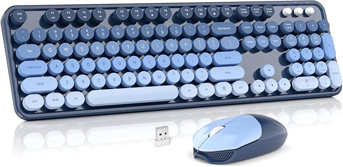 Wireless Keyboard and Mouse Combo MOWUX Full Size Typewriter Retro Round Computer Keyboard Cute Optical Mouse Wireless Plug and Play for Laptop PC Computer- Sea Blue Gradient