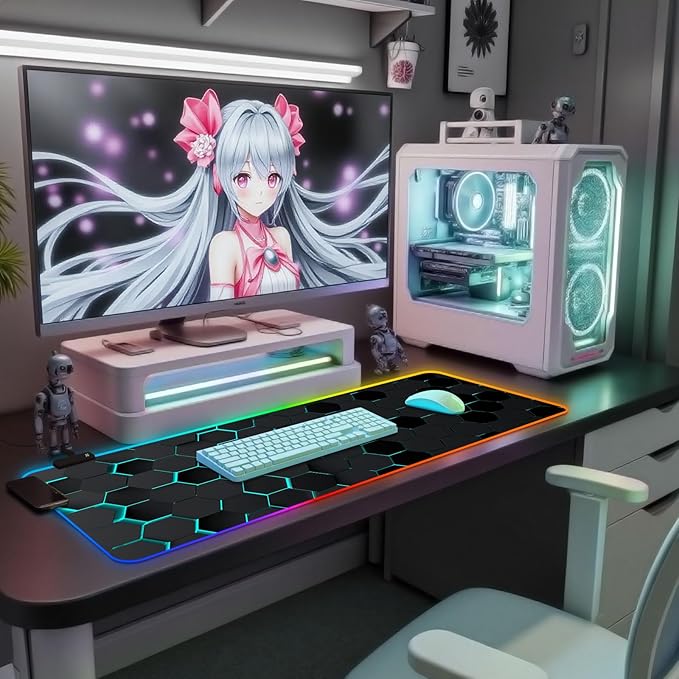 RGB Mousepad Led Mouse Pad Desk Mat I 31.5 x 11.8 Inch Large Mouse Pad I XL Oversized Big Mouse mat 14 Led Light Modes I Anti-Slip Rubber Base Waterproof Keyboard Pad for PC Gaming I Black Honeycomb