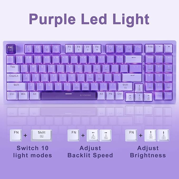 HUO JI Mechanical Gaming Keyboard USB Wired Compact with Number Pad Purple Led Backlit Red Switch Detachable Type C Cable 94 Keys for PC/Computer/Laptop Purple and White