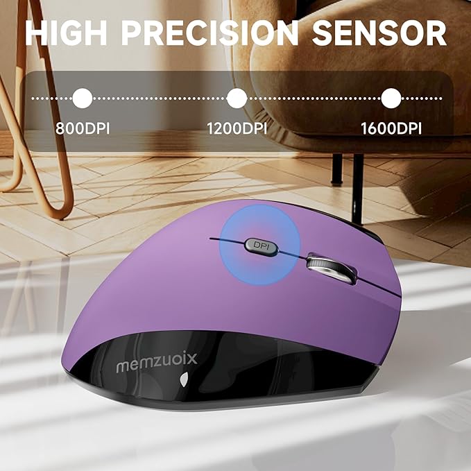 memzuoix Ergonomic Wireless Mouse 2.4G Optical Cordless 800/1200/1600 DPI Vertical Computer Mouse for Laptop Mac PC Desktop (Right Hand Large) - Purple
