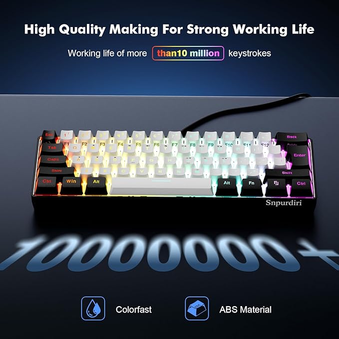 Snpurdiri 60% Wired Gaming Keyboard 61 Keys RGB Backlit Ultra-Compact Small Gaming Keyboard for PC/Mac Gamer Typist Travel Easy to Carry on Business Trip(Black-White)
