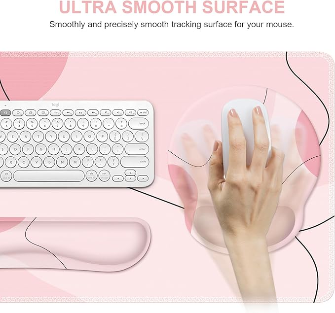 iCasso Large Gaming Mouse Pad Wrist Support Set Desk Mat 4in1 XXL Mousepad + Keyboard Wrist Rest+Mouse Wrist Rest+Coaster Set with Ergonomic Design for Home Office Table Computer-Pink Art