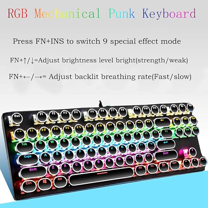Retro Typewriter Mechanical Keyboard and Mouse Combo Black with Blue Switch and 9 True RGB Backlight Modes Cool Light Up for Gaming Work Mac PC Windows