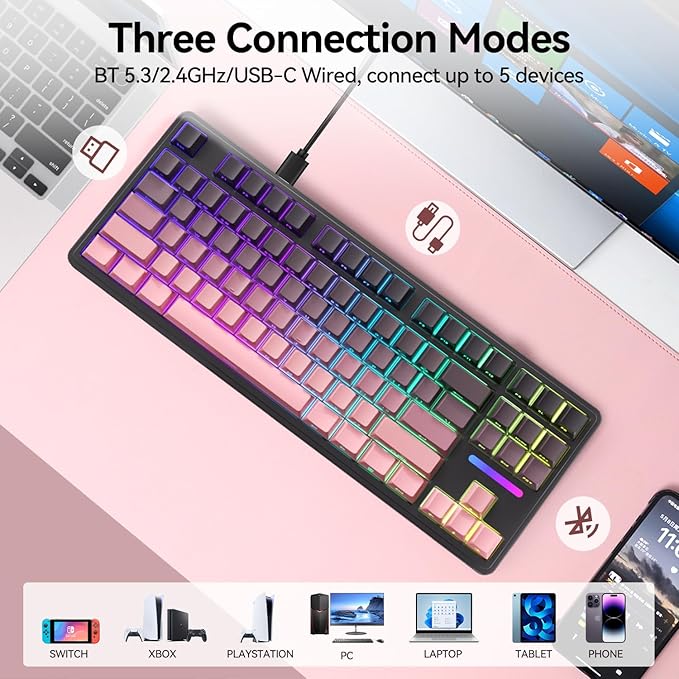 AUSDOM H87 Wireless Mechanical Gaming Keyboard: 10000mAh Battery 2.4G/BT5.3/USB-C Hot Swappable Custom Keyboard with RGB Backlit Side Printed PBT Keycaps 15-Layer Gasket Structure Black Pink