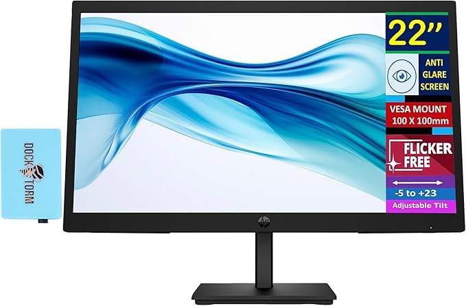HP 22 Series 3 Pro 322pv FHD Monitor with 5 ms Response Time Anti-Glare Flicker Free VESA Mount (100x100mm) HDMI VGA &amp Dockztorm USB Port Expander Black (9U5A2AA#ABA) (2026 Latest Model)