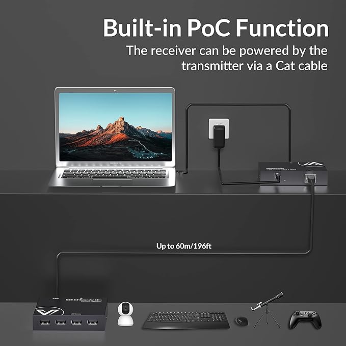 AV Access USB Extender Power Over Cable Cat5e/6/6a/7 up to 196ft/60m 4 Ports USB 2.0 Extender Over Ethernet Plug and Play Supports All Operating System(Power on TX Side)