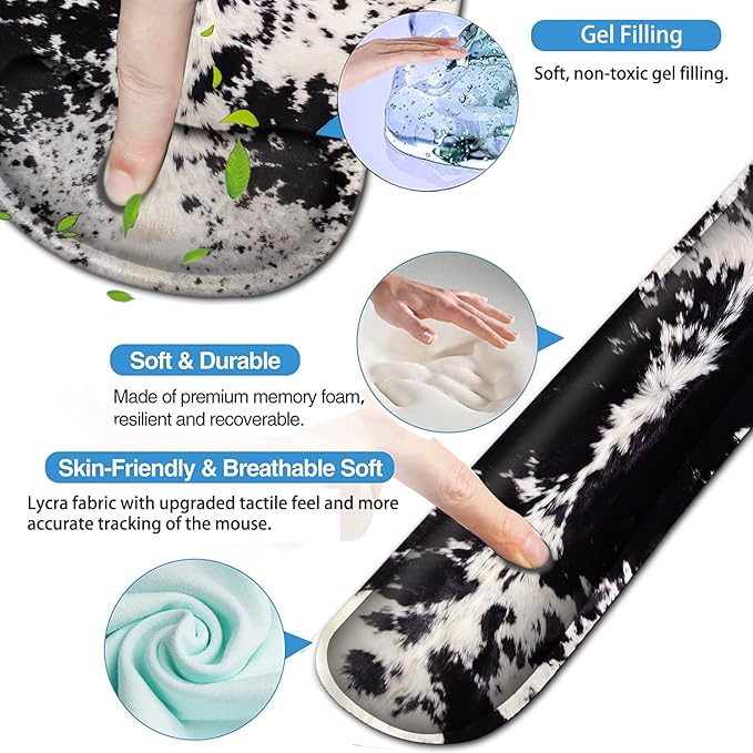 Ergonomic Mouse Pad Wrist Support and Memory Foam Keyboard Wrist Rest Set for Gaming Computer Office Laptop Easy Typing Wireless Mouse MatGel Gaming Cute Black &amp White Cowhide Fur Pattern Desk P