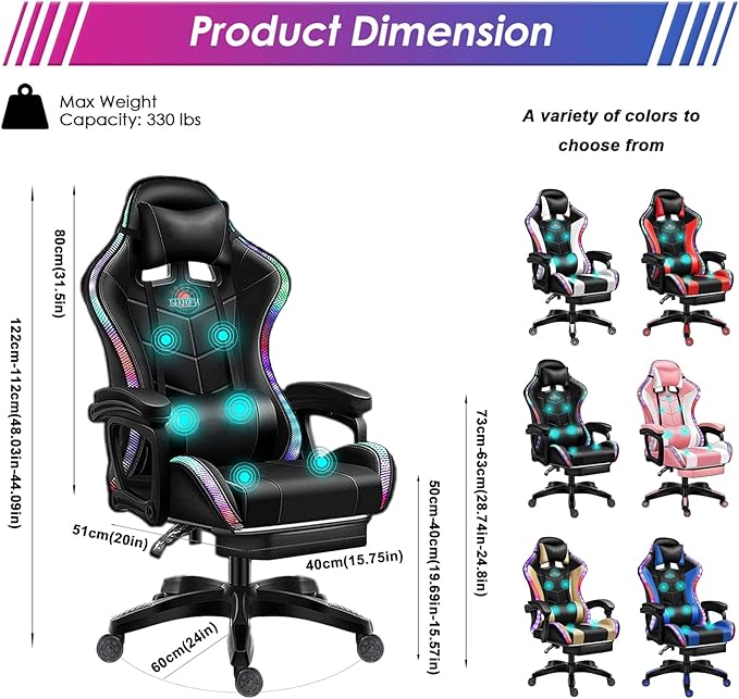 LED Gaming Chair with Speakers Massage Computer Chair Ergonomic Racing Office Chair PU Leather Recliner Swivel Gamer Chair with Lumbar Support Headrest Armrest and FootrestWhite