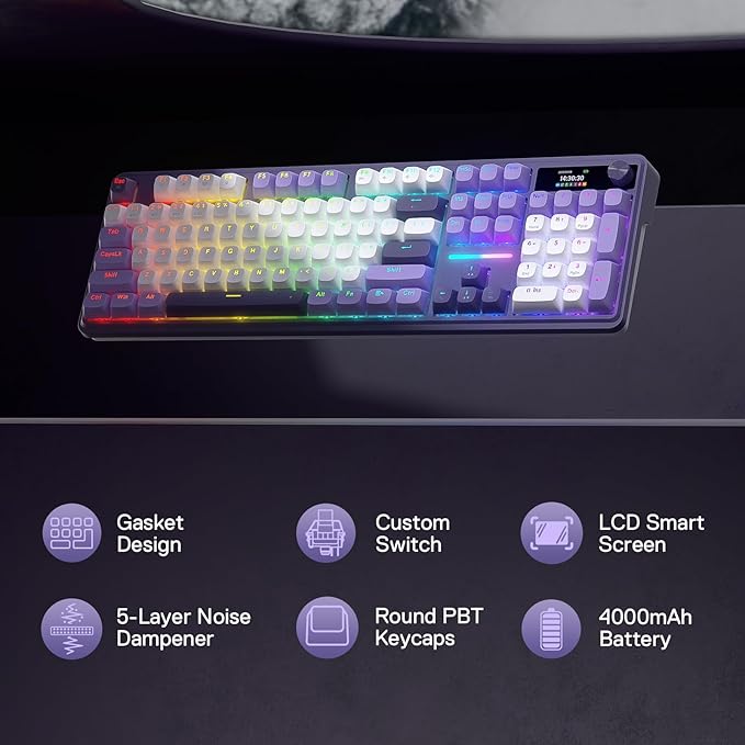 Redragon K762 Wireless Gasket Gaming Keyboard w/Hype Screen &amp Knob 104 Keys Mechanical Keyboard Easy-Control 1.14’’ TFT Info Display 5-Layer Noise Dampening Round PBT Keycaps Mint Mambo Switc