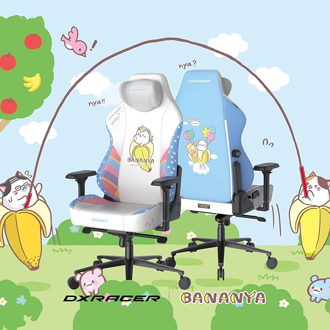 DXRacer Craft L Video Gaming Chair for Adults Ergonomic Office Reclining Computer Chair with Magnetic Head Pillow and Lumbar Support Racing Style Height Adjustable (EPU Leatherette Bananya Cat)