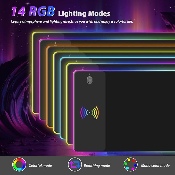 Wireless Charging RGB Mouse Pad Gaming LED Mousepad with 10 Light Modes Extra Large XXL Full Non-Slip Desk Pad Mat for Keyboard and Mouse Computer MacBook PC Laptop Acessories (800x300x4MM)