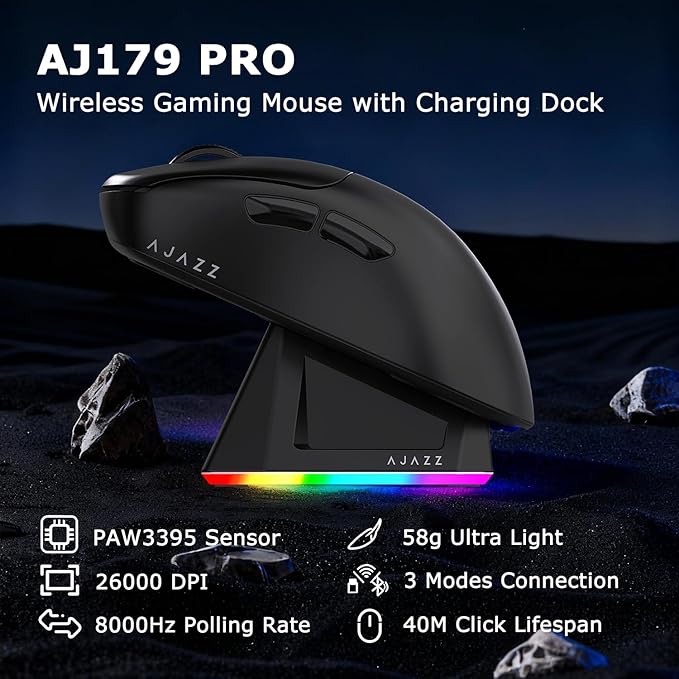 AJ179PRO PAW3395 26000 DPI Gaming Mouse 8000Hz Polling Rate 58g Ultra-Light Tri-Mode (2.4G/Wired/Bluetooth 5.2) Magnetic RGB Charging Dock Ergonomic Right-Hand Design Black