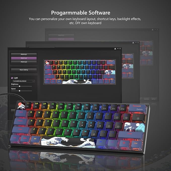 Womier 60% Percent Keyboard Gaming WK61 V2 Creamy Mechanical Wired Keyboard Anime Hot-Swappable RGB Key Board with PBT Keycaps for Windows PC Gamers - POM Linear Red Switch(Black Kanagawa)
