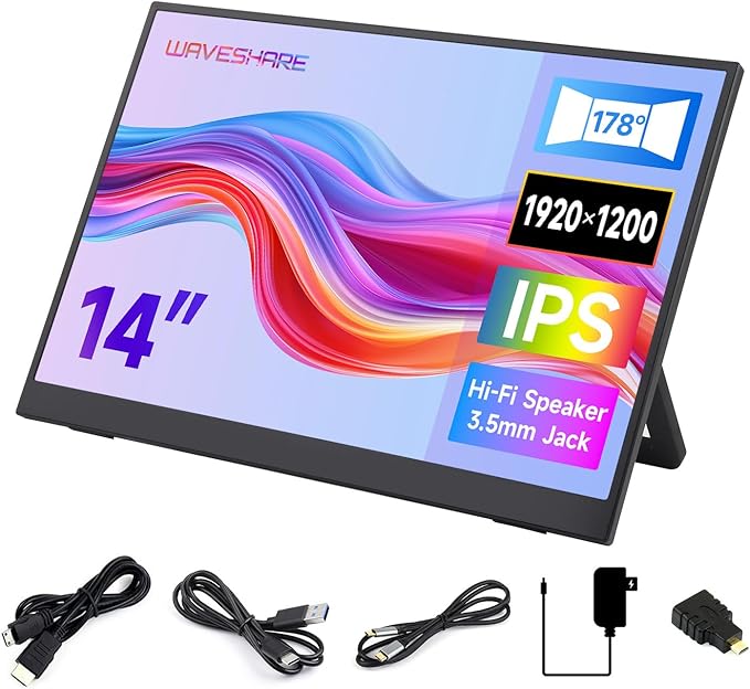 waveshare Luckfox 14inch Portable Monitor with Stand IPS Screen Mini HDMI Interface 1920 × 1200 Full HD 178° Viewing Angle ABS Case 100% sRGB High Color Gamut Supports HDR No Touch