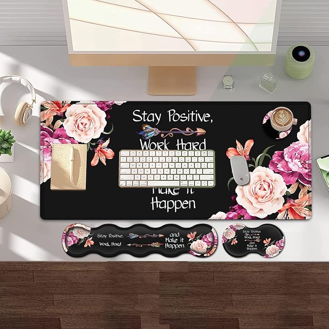 Keyboard Mouse Pad Wrist Rest Support Set Extended Black Gaming Mouse Pad Large XXL Mousepad + Ergonomic Memory Foam Wrist RestOffice Desk Mat Waterproof Writing Pad Work Hard Peony Flower