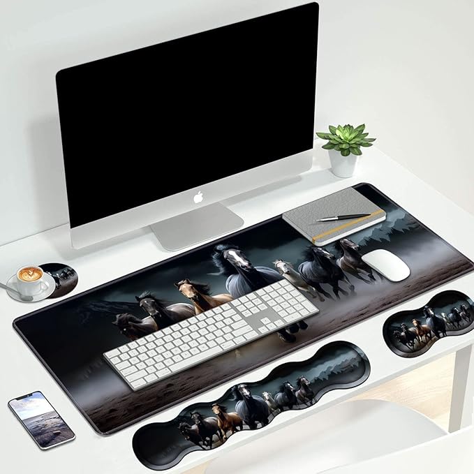 4 in 1 Ergonomic Keyboard Wrist Rest &amp Mouse Pad Wrist Rest Set Large XXL Gaming Desk Mat 31.5x 11.8 with Non-Slip Base Memory Foam for Home Office Study Gaming Running Horses