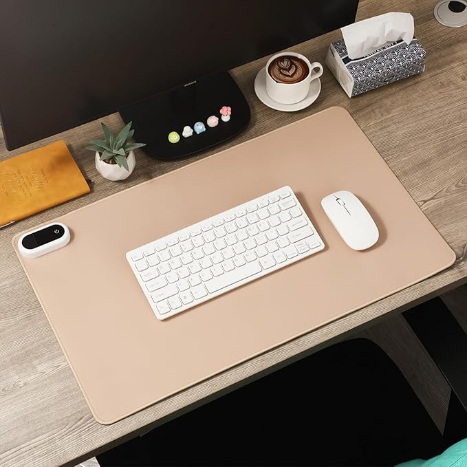 Konohan Heated Desk Pad Warm Mouse Pad 5 Heating Level &amp 4 Hour Auto Shut-Off PU Leather Warm Mouse Mat Heating Keyboard Gaming Mice Warmer Mat Only Supports 110v(Khaki Color23.6x 14.2)