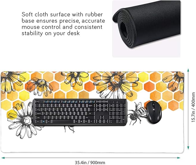Bee Sunflowe Large Mouse Pad Gaming Mousepad with Wrist Support Rubber Computer Keyboard Mat for Desk Laptop Non-Slip Full Deskmat Protector Waterproof Writing Pad Office Home 16x35.5 in