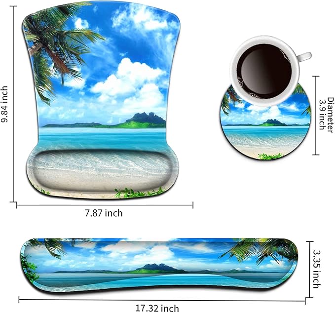 Keyboard Wrist Rest Pad and Ergonomic Mouse Pad Wrist Support Set Ocean Waves Coconut Trees on Sands Beach Seascape Scenery for Gaming Office Comfortable and Pain Relief with Coaster Set