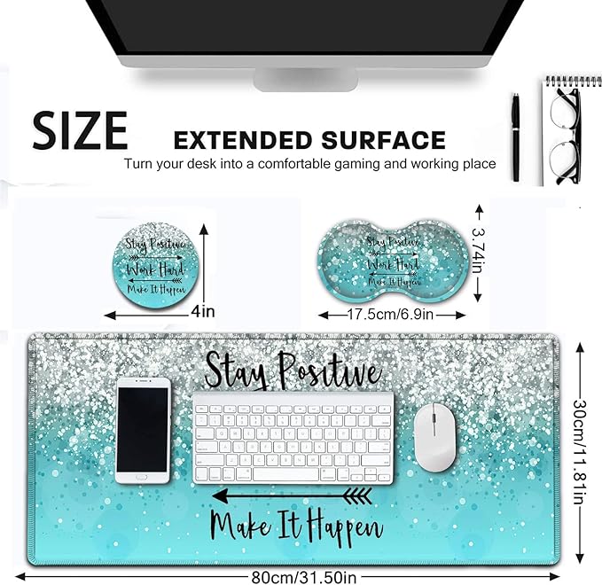 Large Mouse Pad Extended Office Desk Pad 31.5x11.8in Ergonomic Memory Foam Mouse Wrist Rest Support for Home Office Computer Writing Pad Work Hard Inspirational Blue Gradient Gilt Gaming Mouse Mat