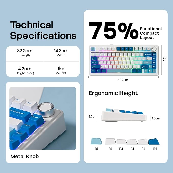 EPOMAKER x Aula F75 Ultra Wireless Gaming Keyboard with Knob 10000mAh Hot Swap RGB PBT Keycap Creamy Sound VIA 75% Mechanical Keyboard for Win/Mac (Blue Pink Mint)