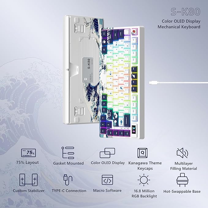 Womier SK80 75% Keyboard with Color Multimedia Display Mechanical Gaming Keyboard Wired Hot Swappable Gasket Mount RGB Custom Key Board Pre-lubed Stabilizer for Mac/Win White Kanagawa