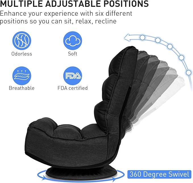 ERGOMASTER Reclining Folding Floor Gaming Chair w/ 360-Degree Swivel 5 Adjustable Positions（Black）