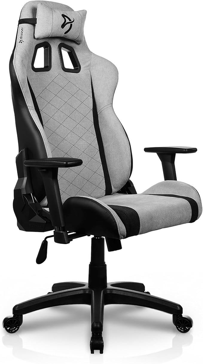 Arozzi Avanti Gaming Chair - Soft Fabric Ergonomic Gaming Chairs for Adults - Adjustable Height Backrest &amp Armrest with Head Pillow - Home Office Setup Professional Computer Chairs Light Grey