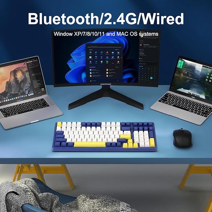 Wireless Mechanical Keyboard Triple Mode 2.4G/USB-C/BT Gaming Keyboards 100 Keys Ice-Blue Backlit Red Switch Keyboard | Rechargeable Mechanical Gaming Keyboards | Blue/White/Yellow