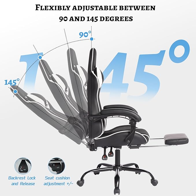Gaming Chair with Massage for Adults Ergonomic PC Computer Chair with Footrest Comfortable Headrest and Lumbar Support PU Leather Recliner Swivel Rocker Height Adjustable (Black White)