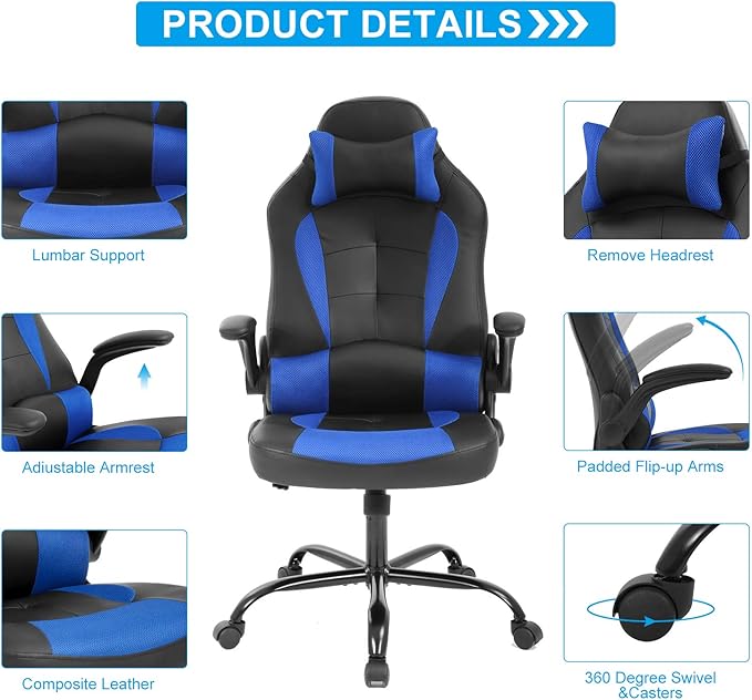 Meet perfect Gaming Chair Ergonomic Office Chair Desk Chair Leather Computer Chair Lumbar Support and Head Pillow Modern Executive Chair Adjustable Rolling Swivel Task Chair Home Office Chair Blue