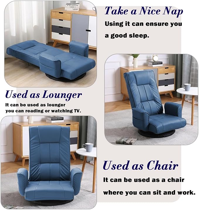 360 Degree Swivel Floor Chairs for Adults Faux Leather Gaming Floor Chair with Back Support 14 Angles Adjustable Comfortable Floor Lounge Chair Folding Video Game Chairs Office Bedroom