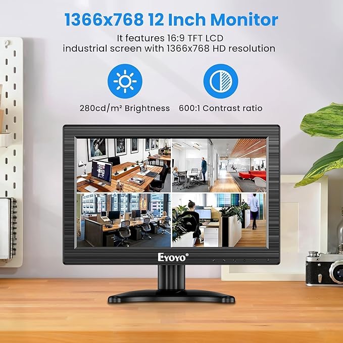 Eyoyo 12 Inch TFT LCD Monitor with AV HDMI BNC VGA Input 1366x768 Portable Mini HD Color Screen Display with Built-in Speaker