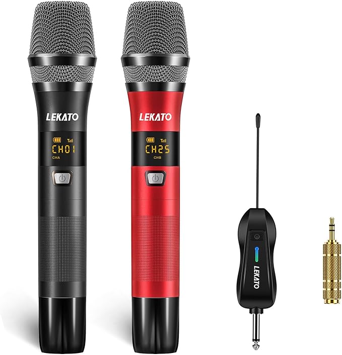 LEKATO Wireless Microphone Rechargeable Wireless Microphones with Receiver Dual Handheld Microphone System Dynamic MIC for Singing Speech Wedding ChurchSpeaker PA System