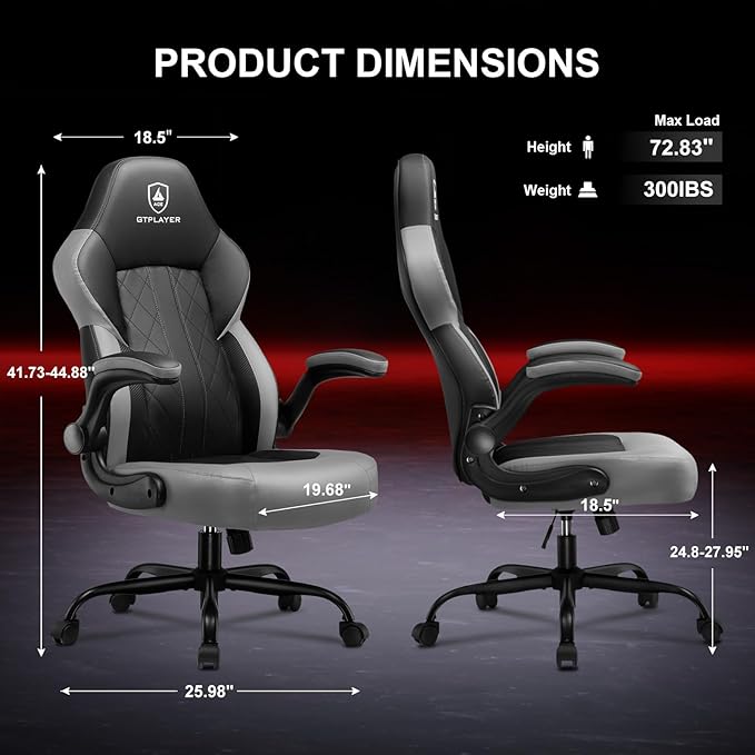 GTPLAYER Video Gaming Chair Ergonomic Computer Gaming Chair with Flip-Up Armrests and Adjustable Height Comfortable Desk Chairs with Built-in Lumbar Support Recliner with 360°Swivel (Dark Gray)