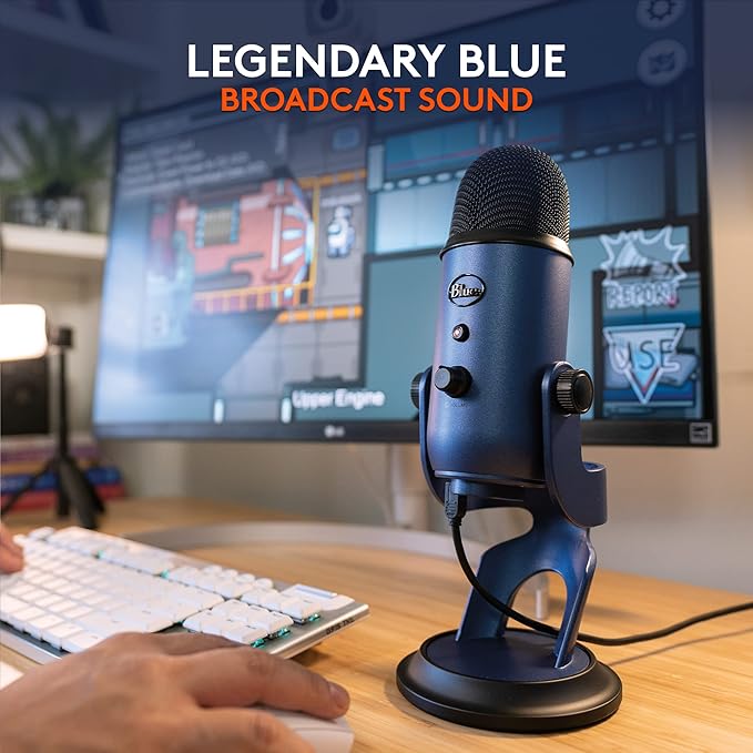 Logitech Creators Blue Yeti USB Microphone for PC Mac Gaming Streaming Podcasting Studio and Computer Condenser Mic with Blue VO!CE Effects 4 Pickup Patterns Plug and Play - Midnight Blue