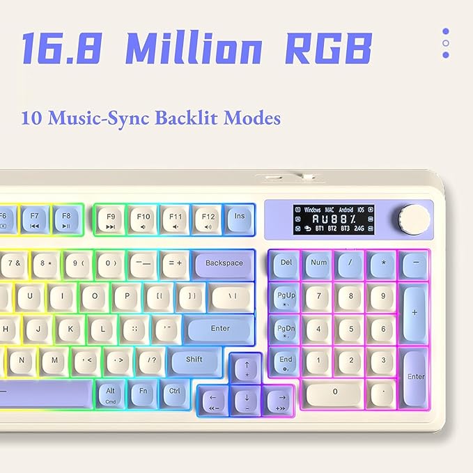 AULA S99 Pro Wireless Keyboard Gaming Keyboards Media Knob Custom RGB Backlit 3-Modes BT/2.4G/USB-C Membrane Cute Creamy Keyboard for Windows/MAC/PC Gamer - Blue White