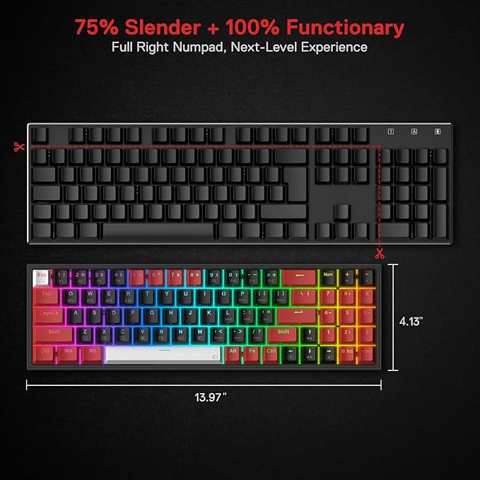Redragon K628 PRO 75% 3-Mode Wireless RGB Gaming Keyboard 78 Keys Hot-Swappable Compact Mechanical Keyboard w/Hot-Swap Free-Mod PCB Socket Dedicated Arrow Keys &amp Numpad Red Switch