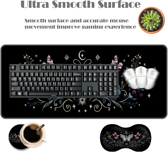 Ergonomic Keyboard Wrist Rest &amp Mouse Pad Wrist Rest SetXL Gaming Desk Mat 31.5x 11.8Non-Slip BaseMemory FoamEasy Typing Pain Relief for Office &amp HomeSilver Butterfly with Flowers