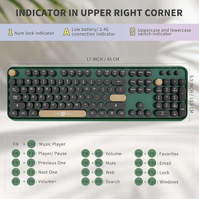 FOPETT Wireless Keyboard and Mouse Combo 104 Keys Full-Sized 2.4 GHz Round Keycap Colorful Keyboards USB Receiver Plug and Play for Windows Mac PC Laptop Desktop (Black Green)