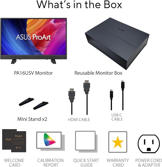 ASUS ProArt Display 15.6” 4K HDR SDI Professional Monitor (PA16USV) – UHD (3840 x 2160) IPS HDR-10 100% sRGB/Rec.709 ΔE&lt2 Calman Verified 12G-SDI HDMI USB-C 3 yr Warranty
