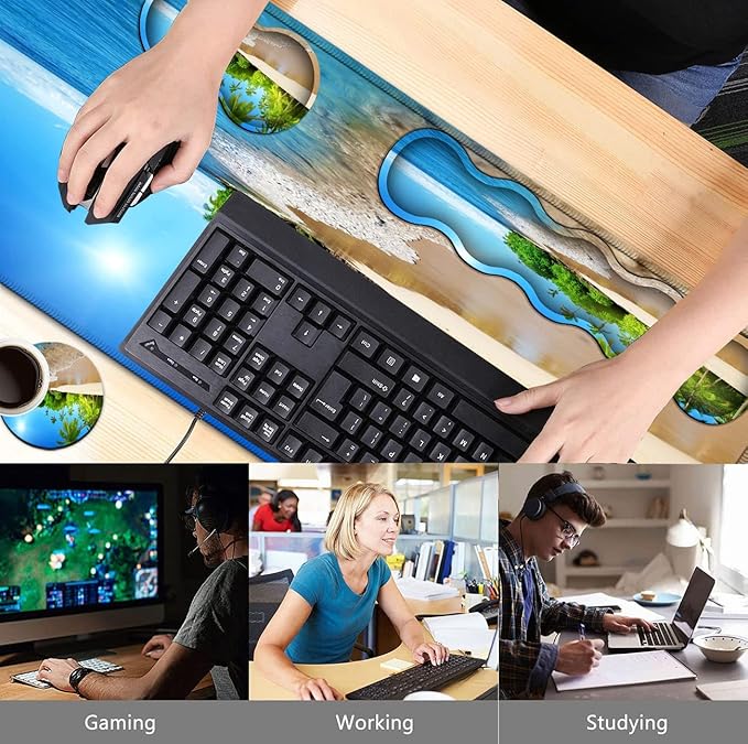 Office Desk Pad Large Mouse Pad(31.5 x 11.8) Laptop Desk Table Protector Extended Writing Mat Ergonomic Memory Foam Keyboard Wrist Rest SupportTropical Palm Sea Beach View Gaming Mouse Pad Set