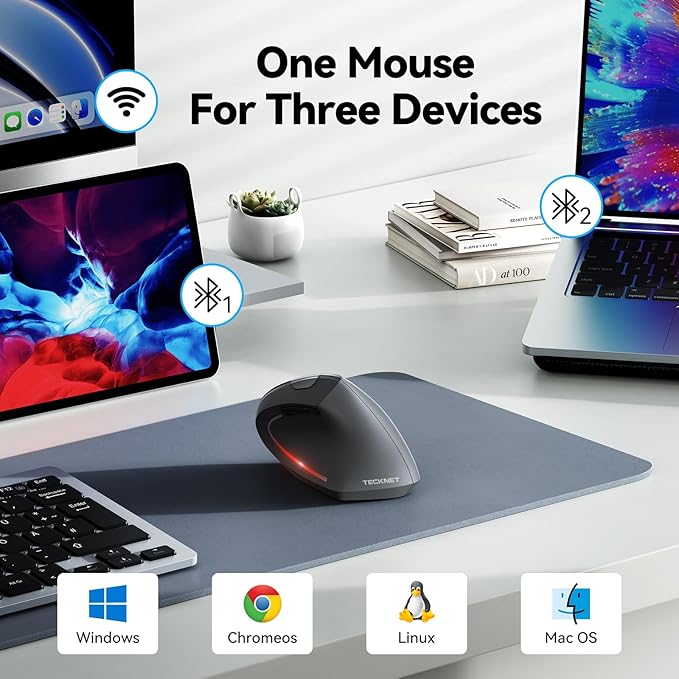 TECKNET Ergonomic Mouse Wireless Bluetooth Vertical Mouse 4800 DPI Optical Tracking 6 Adjustable DPI Quiet Clicks 2.4GHz with USB A Receiver 12 Months Battery 6 Buttons Wide Compatibility