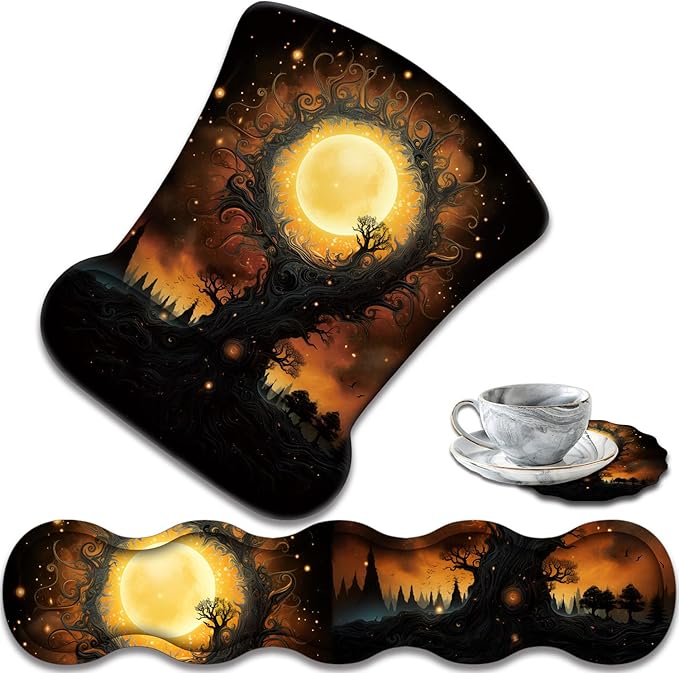 Ergonomic Keyboard Wrist Support Pad and Wrist Support Mouse Pad Anti-Slip with Gel Memory Mouse Pad Set Suitable for Office Use/Home Use - Gothic Moon Sun