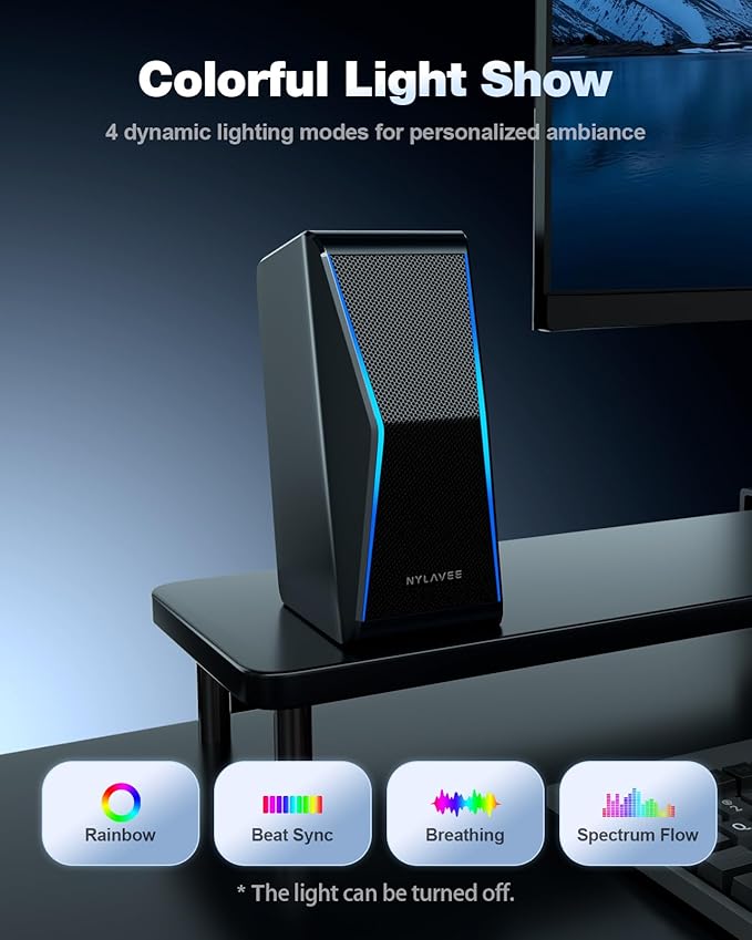 Nylavee Computer Speakers Hi-Fi Stereo Sound PC Speakers with Bluetooth 5.0 and 3.5mm AUX-in 14W AC Powered Built-in Equalizer Modes and RGB Lights for Desktop PC Monitor Laptop PS5 Xbox