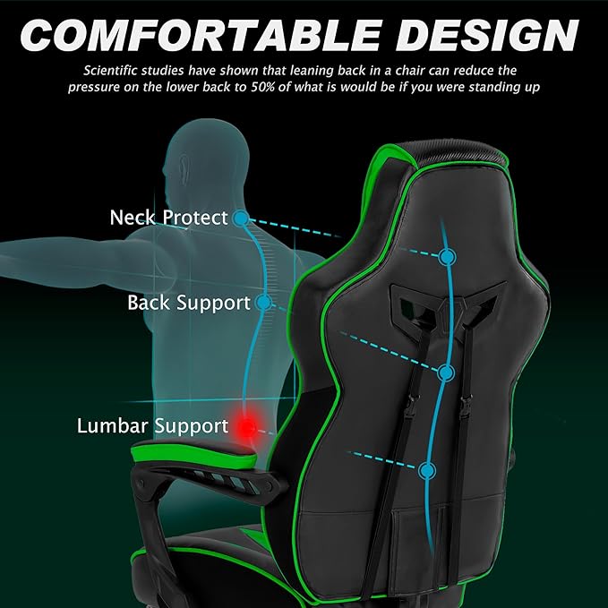 Vonesse Gaming Chair with Footrest Big and Tall Gamer Chair with Massage Reclining Computer Gaming Chair for Adults Ergonomic Game Chair for Teens High Back Video Game Chairs(Green/Black)