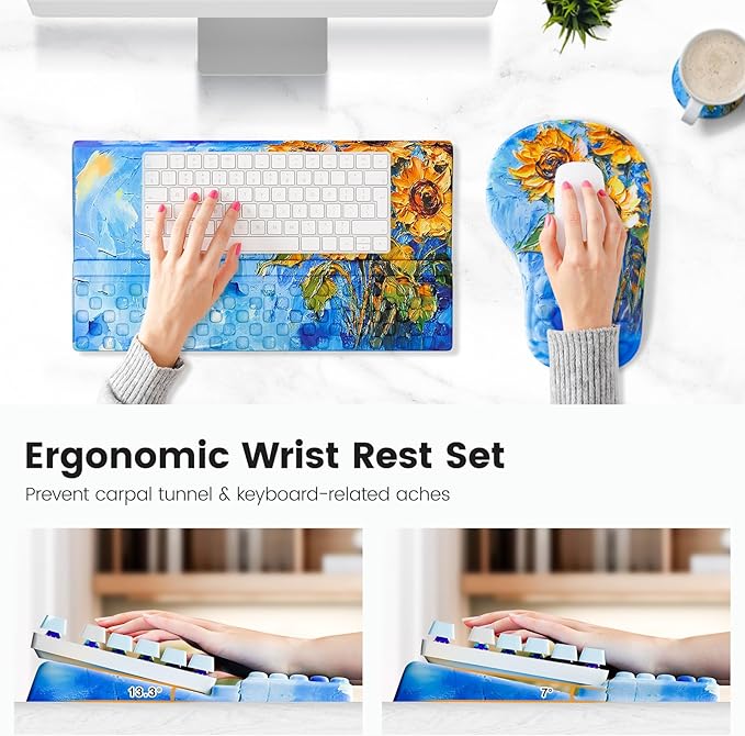 Ospelelf Ergonomic Mouse Pad and Keyboard Stand Wrist Rest Set Memory Foam Comfort Pain Relief for Typing Office Desk Accessories Sunflower