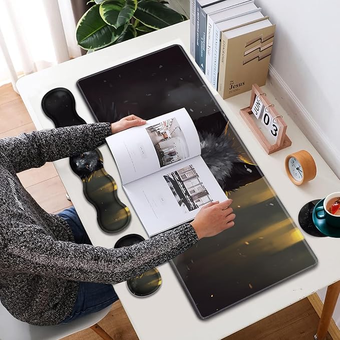 Large XXL Gaming Desk Mat 31.5x 11.8 Ergonomic Keyboard Wrist Rest &amp Mouse Pad Wrist Rest + Coaster Set Non-Slip Base Memory Foam Office and Home Black Wolf