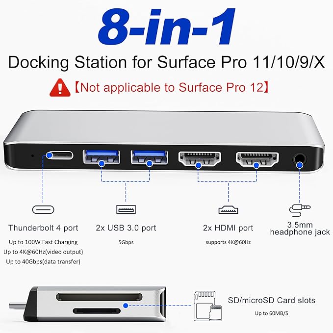 Surface Pro 9/10/11 Docking Station - 8-in-1 Triple Display Surface Pro 9/10/11 Accessories Adapter with Dual HDMI 4K 1x USB C (100W 40Gbps) 2x USB 3.0 SD/Micro SD Card Reader and 3.5mm Audio Jack